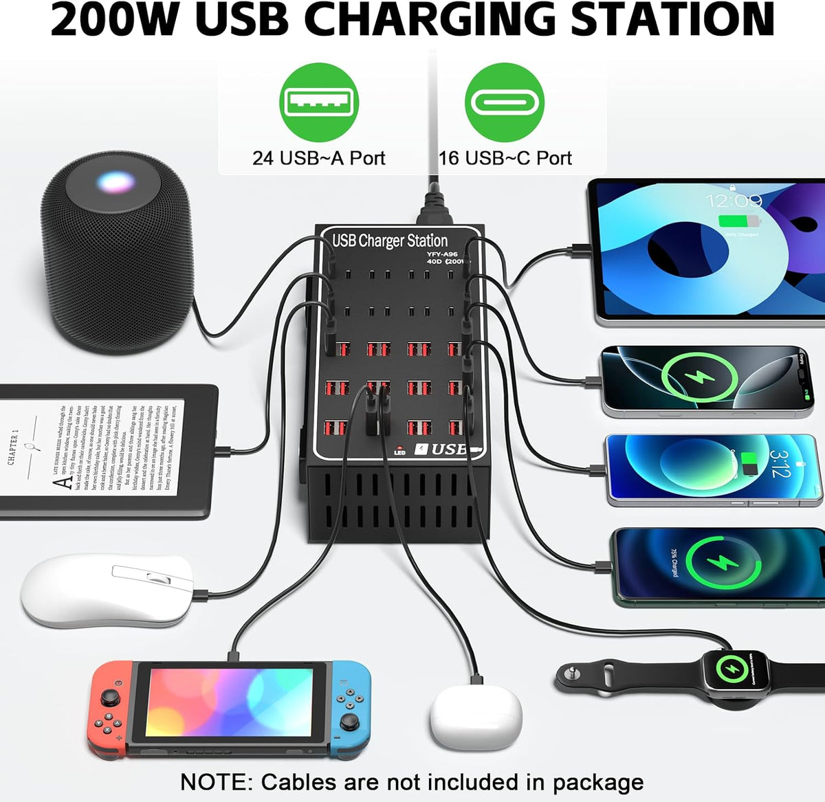 200W 40A USB Charging Station for Multiple Devices, 40 Port Fast USB Charger Block, Desktop Wall Fast Charger with Intelligent Protection, USΒ Power Strip Suitable for Home Office School