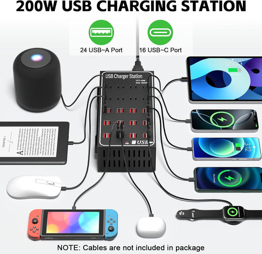 200W 40A USB Charging Station for Multiple Devices, 40 Port Fast USB Charger Block, Desktop Wall Fast Charger with Intelligent Protection, USΒ Power Strip Suitable for Home Office School