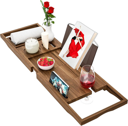 Premium Bamboo Bathtub Tray Caddy - Bath Tub Tray Table for Bathtub - Bath Caddy Tray for Bathtub, Expandable Size, Fits Most Bath Tubs