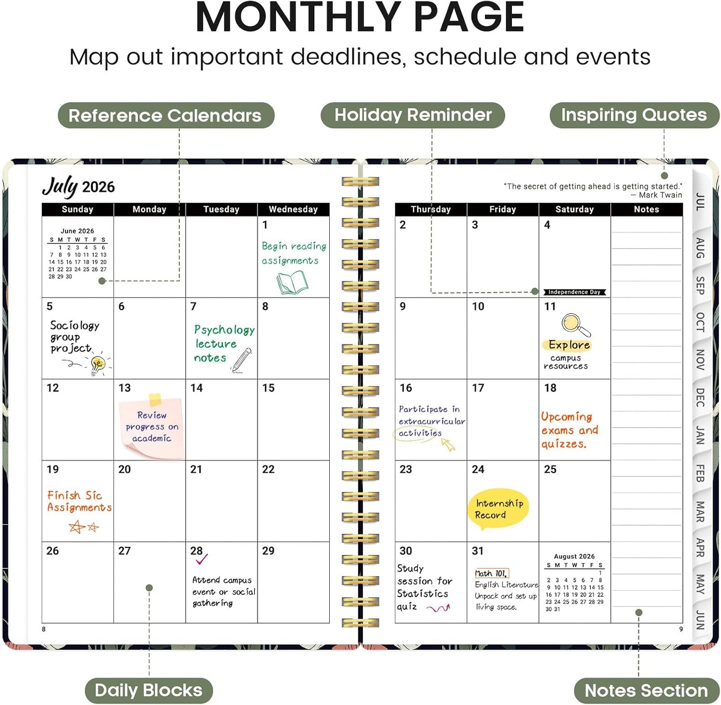 Planner 2026-2027, Academic Monthly and Weekly Calendar Planner for Women, July 2026 - June 2027, Hardcover Pretty Agenda Planner Book with Tabs, Spiral Daily Organizer for School Office Home Supplies, 6.3" x 8.5" - Blue Floral