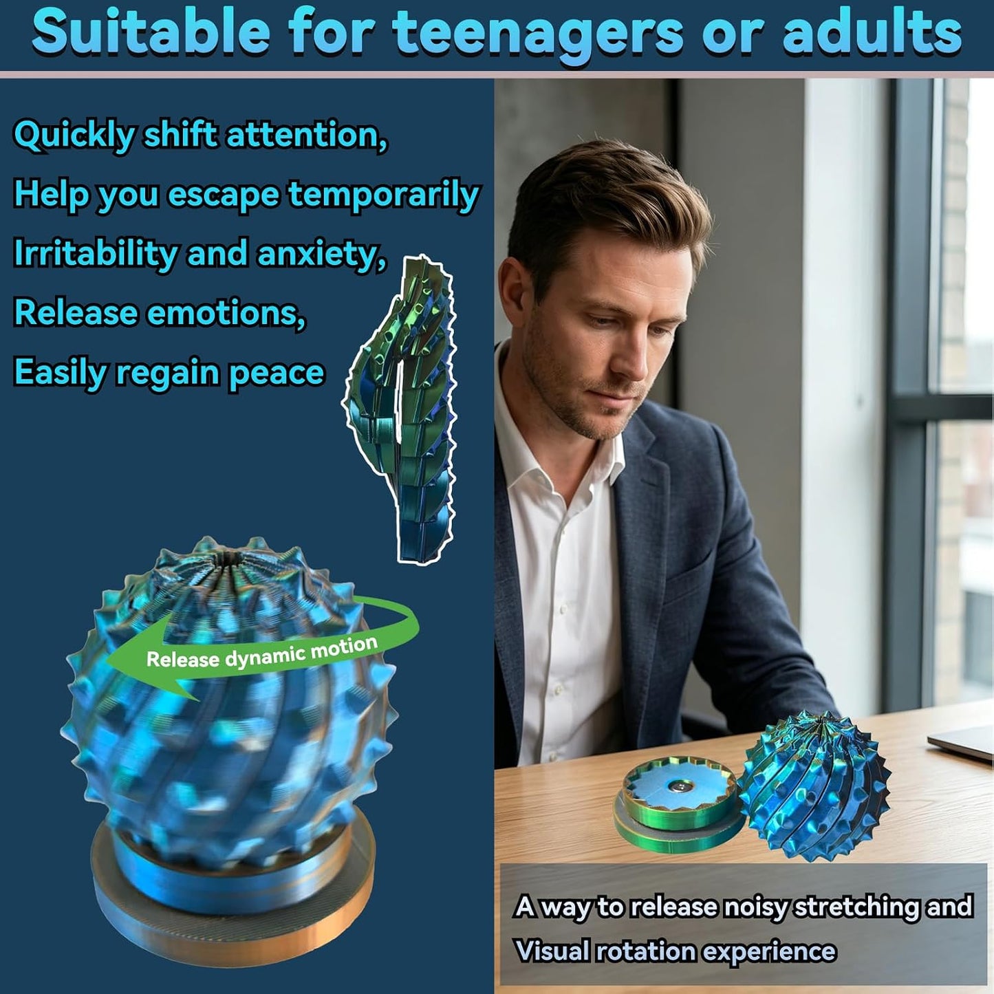 Spiky Retractable Ball, Cool 3D Printed Fidgets, Sharp Spiral Noisy Ball, Suitable for Adults to Relieve Stress and Anxiety, Office Opening Remarks, Killing Time (with Rotating Base)