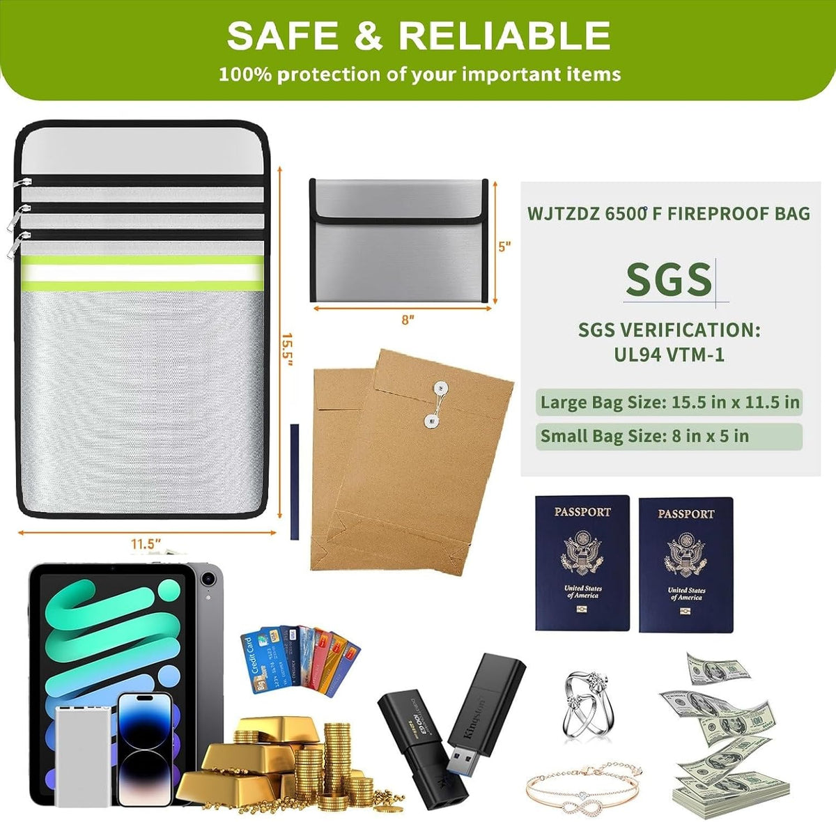 Upgraded 6500° Fireproof Money Bag for Cash,11.2"×7.7"& 8"×5"Small Fire Proof Money Bag for Cash with Reflective Strips,Portable Fire Safe Bag for Passports,Cash,Power Bank,Valuables