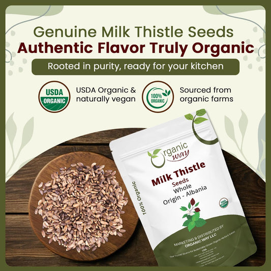 Organic Way Whole Milk Thistle Seeds (Silybum marianum) - Herbal Tea | European Wild-Harvest, Organic & Kosher Certified, Vegan, Non GMO & Gluten Free, USDA Certified, Origin - Albania (16 Oz)