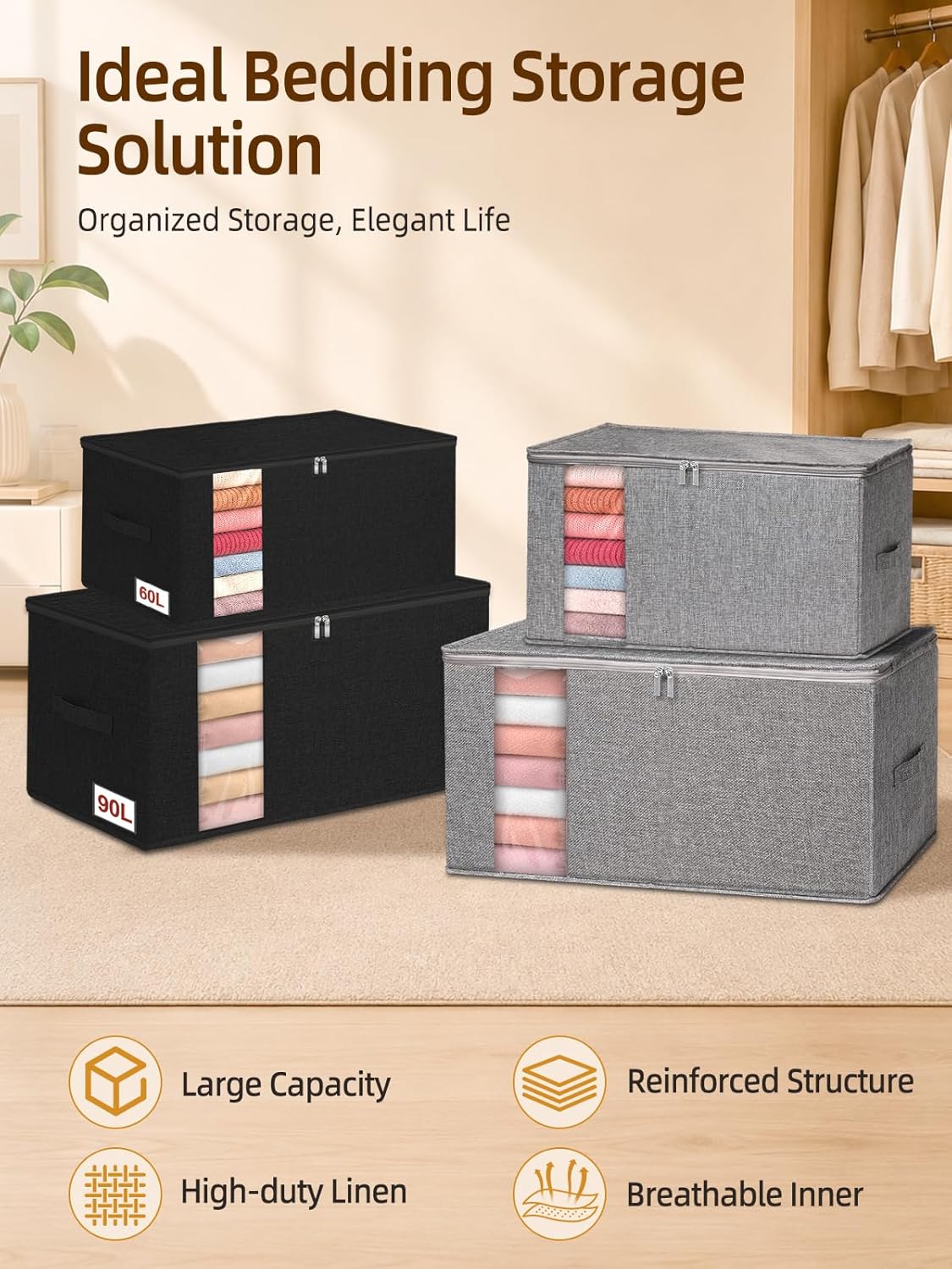 90L Rigid-Structured King Size Comforter Storage Bag, 2 Pack, Gray