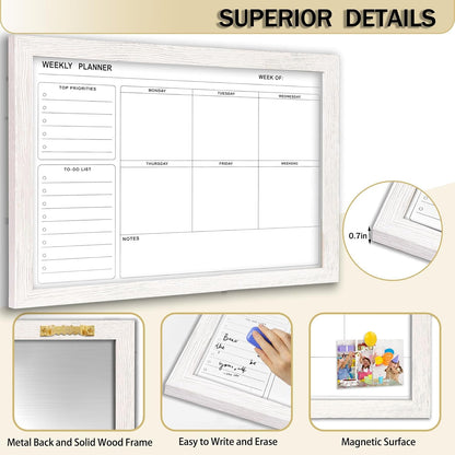 White Board Weekly Calendar Dry Erase Planner for Wall-16"X12",Black Solid Wood Frame,Minimal/Modern Design, Magnetic Whiteboard Planner for to Do List, Memo, School, Home, Office, Kitchen