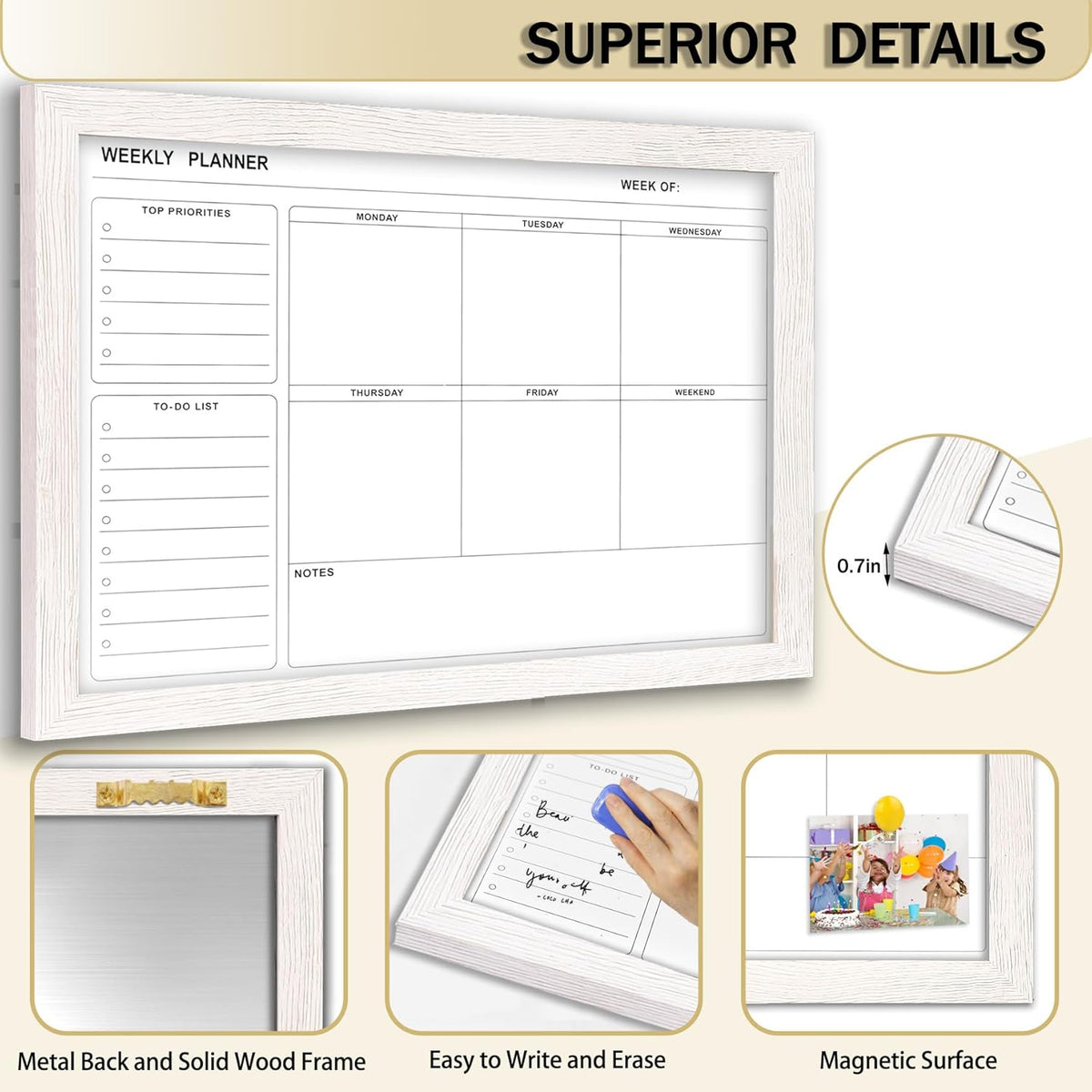 White Board Weekly Calendar Dry Erase Planner for Wall-16"X12",Black Solid Wood Frame,Minimal/Modern Design, Magnetic Whiteboard Planner for to Do List, Memo, School, Home, Office, Kitchen