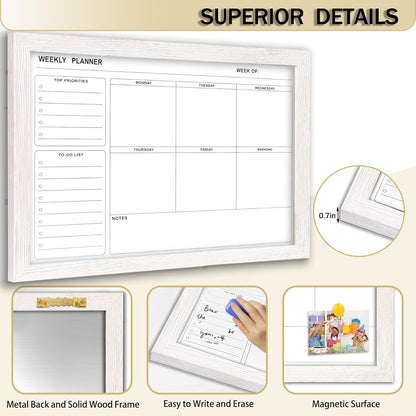 White Board Weekly Calendar Dry Erase Planner for Wall-16"X12",Black Solid Wood Frame,Minimal/Modern Design, Magnetic Whiteboard Planner for to Do List, Memo, School, Home, Office, Kitchen