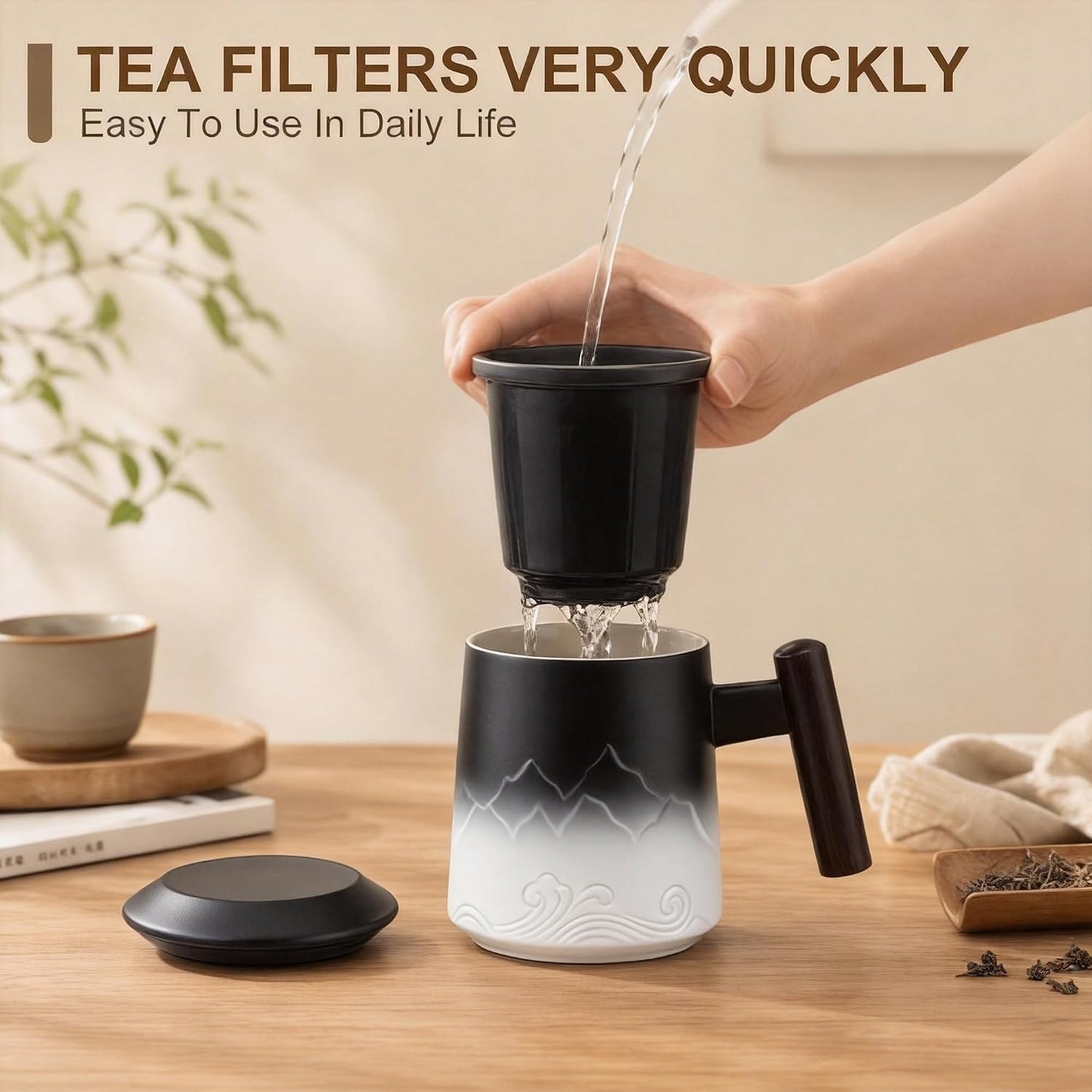 Tea Cup with Infuser and Lid, 14oz Ceramic Loose Leaf Tea Steeper Cup with Wood Handle and Cup Lid, Blue, Black
