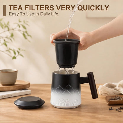 Tea Cup with Infuser and Lid, 14oz Ceramic Loose Leaf Tea Steeper Cup with Wood Handle and Cup Lid, Blue, Black