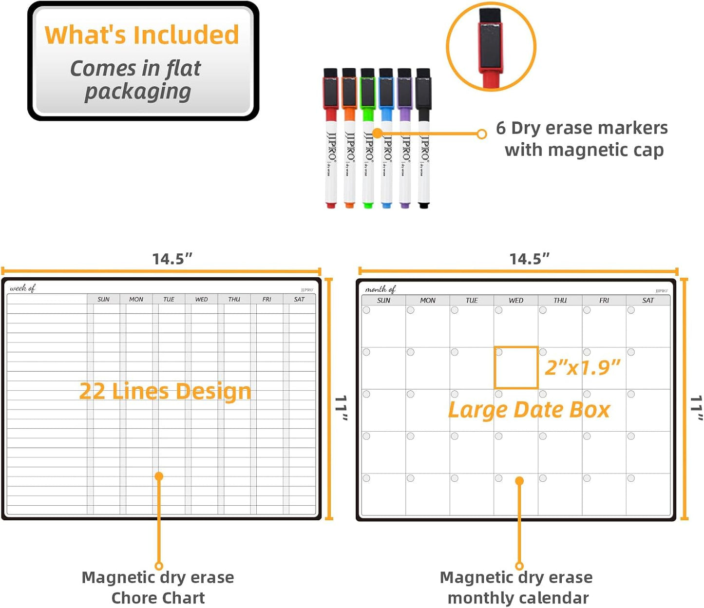 JJPRO Magnetic Monthly Calendar Whiteboard Set for Fridge-Monthly Planning Board and Two Bonus Dry Erase Grocery Board&Weekly Menu Board-Meal Planner Whiteboard/to-Do List-6 Markers