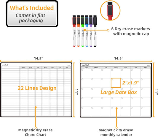 JJPRO Magnetic Monthly Calendar Whiteboard Set for Fridge-Monthly Planning Board and Two Bonus Dry Erase Grocery Board&Weekly Menu Board-Meal Planner Whiteboard/to-Do List-6 Markers