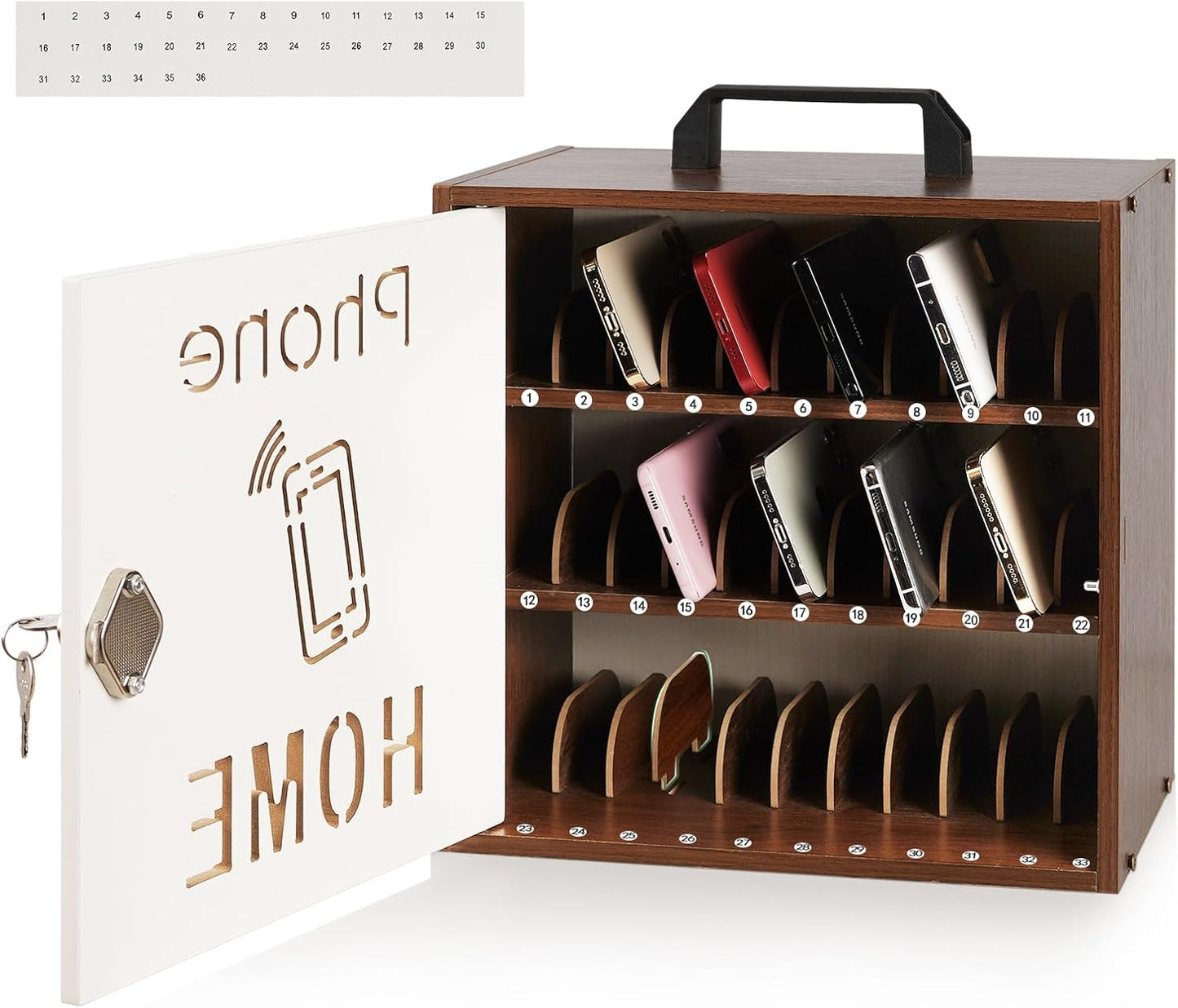 Wooden Phone Lock Box,Adjustable 33 Slots Cell Phone Holder Classroom