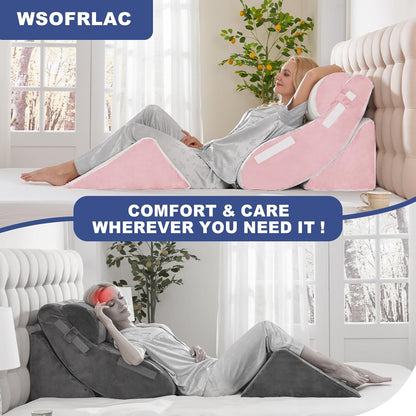 4PCS Orthopedic Bed Wedge Pillow Set for Sleeping, Post Surgery Foam Support Pillows for Back, Neck and Leg Pain Relief, Adjustable Triangle Pillow – Acid Reflux, GERD & Snoring Recovery, White Grey