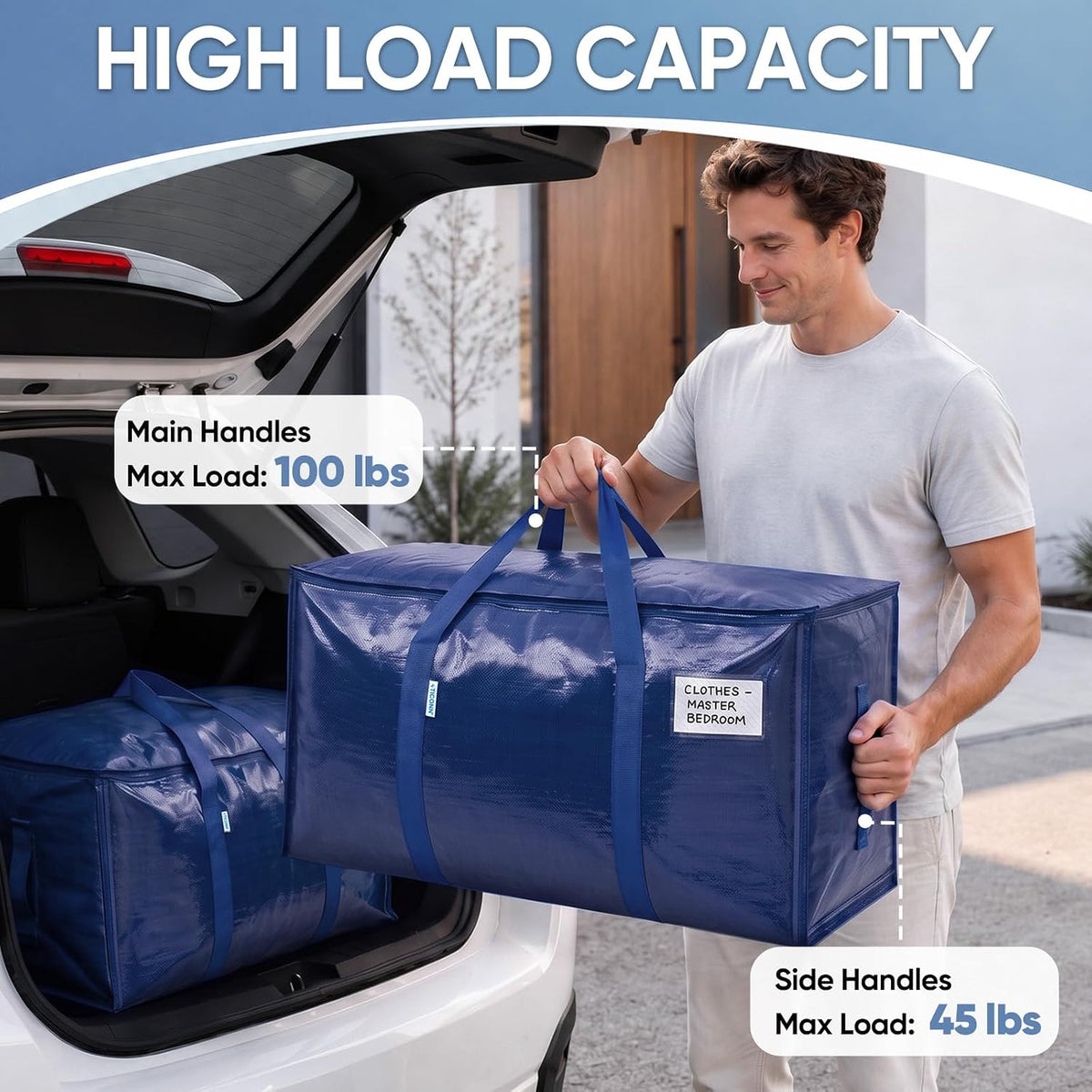 TICONN Extra Large Moving Bags Heavy Duty with Zippers & Carrying Handles, Durable Storage Bags Moving Boxes for Closet Organizers and Storage (Blue)