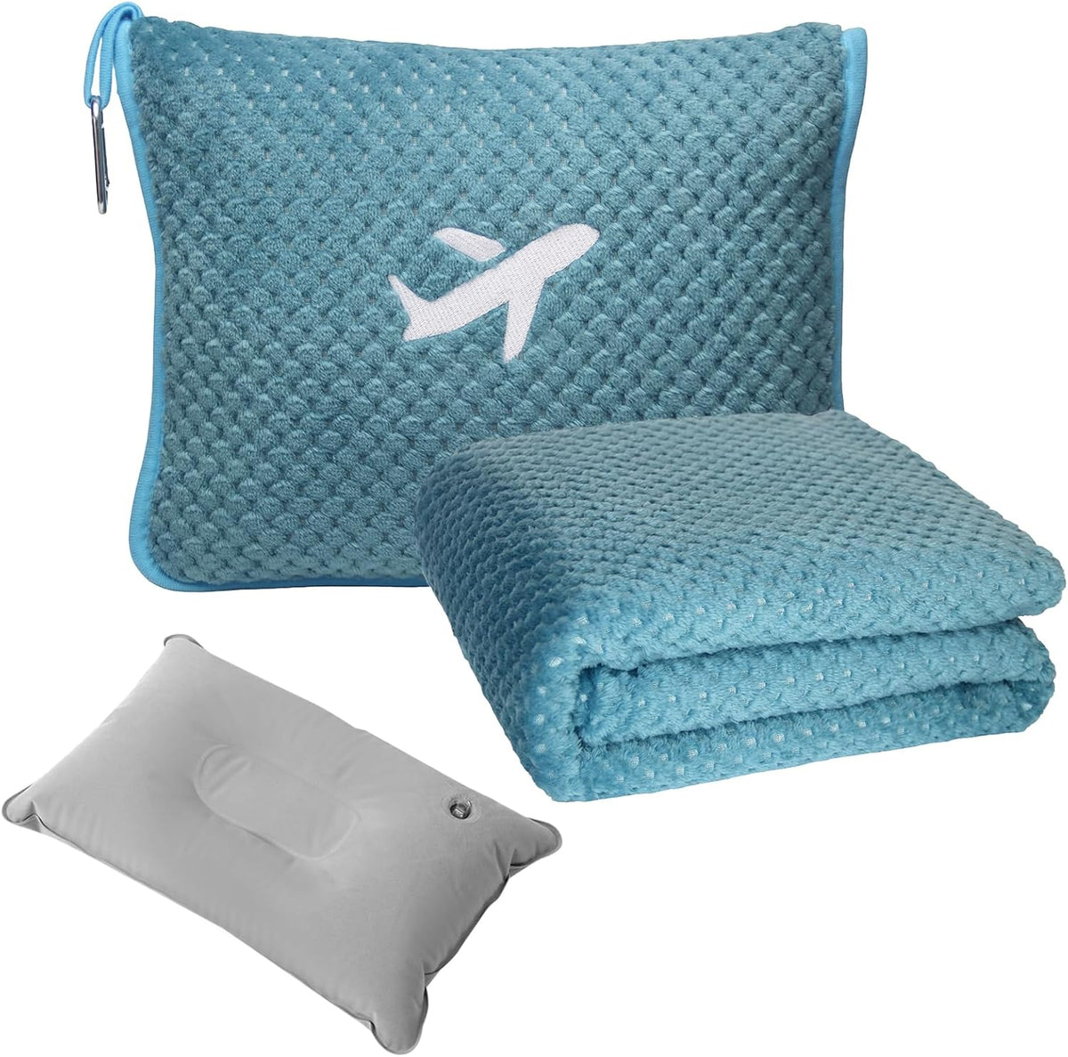 Travel Blanket Airplane Compact with Bag, Travel Essentials 3 in 1 Packable Airplane Blanket, Travel Pillow and Blanket Set, Inflatable Pillow, Luggage Sleeve & Backpack Clip (Light Grey)