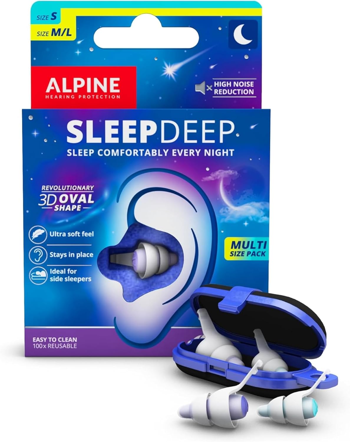 Alpine SleepDeep Earplugs for Sleeping – Side Sleepers & Snoring – Ultra-Soft Noise Reducing Earplugs – 27dB SNR – Hypoallergenic, Silicone-Free – 2 Pairs (S + L)