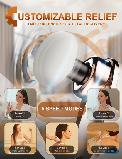 Mini Massage Gun - Small Handheld Muscle Massager with Percussion Deep Tissue, 5 Adjustable Vibration Frequency & 3 Interchangeable Heads - Portable Pocket Massage Gun for Gym, Travel, Office