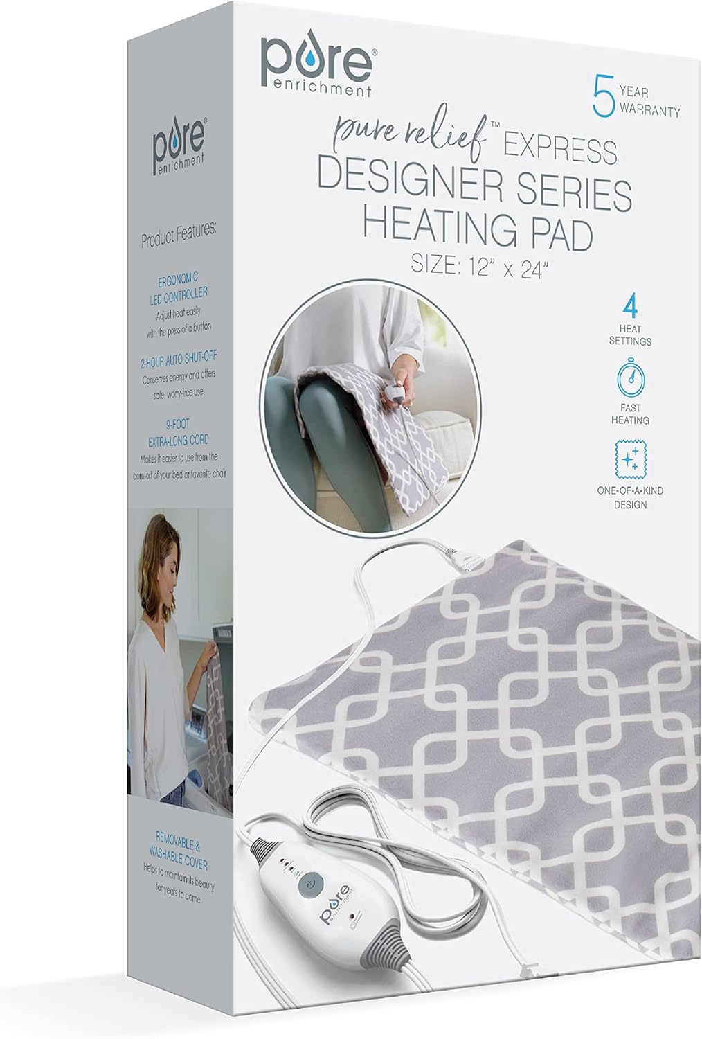 Pure Enrichment PureRelief Express Designer Series Electric Heating Pad - 12” x 15” Fast-Heating with 4 Heat Settings, Machine-Washable Fabric, & 2-Hour Auto Safety Shut-Off - Cerulean Diamond