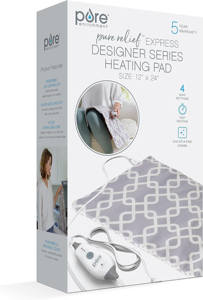 Pure Enrichment PureRelief Express Designer Series Electric Heating Pad - 12” x 15” Fast-Heating with 4 Heat Settings, Machine-Washable Fabric, & 2-Hour Auto Safety Shut-Off - Cerulean Diamond