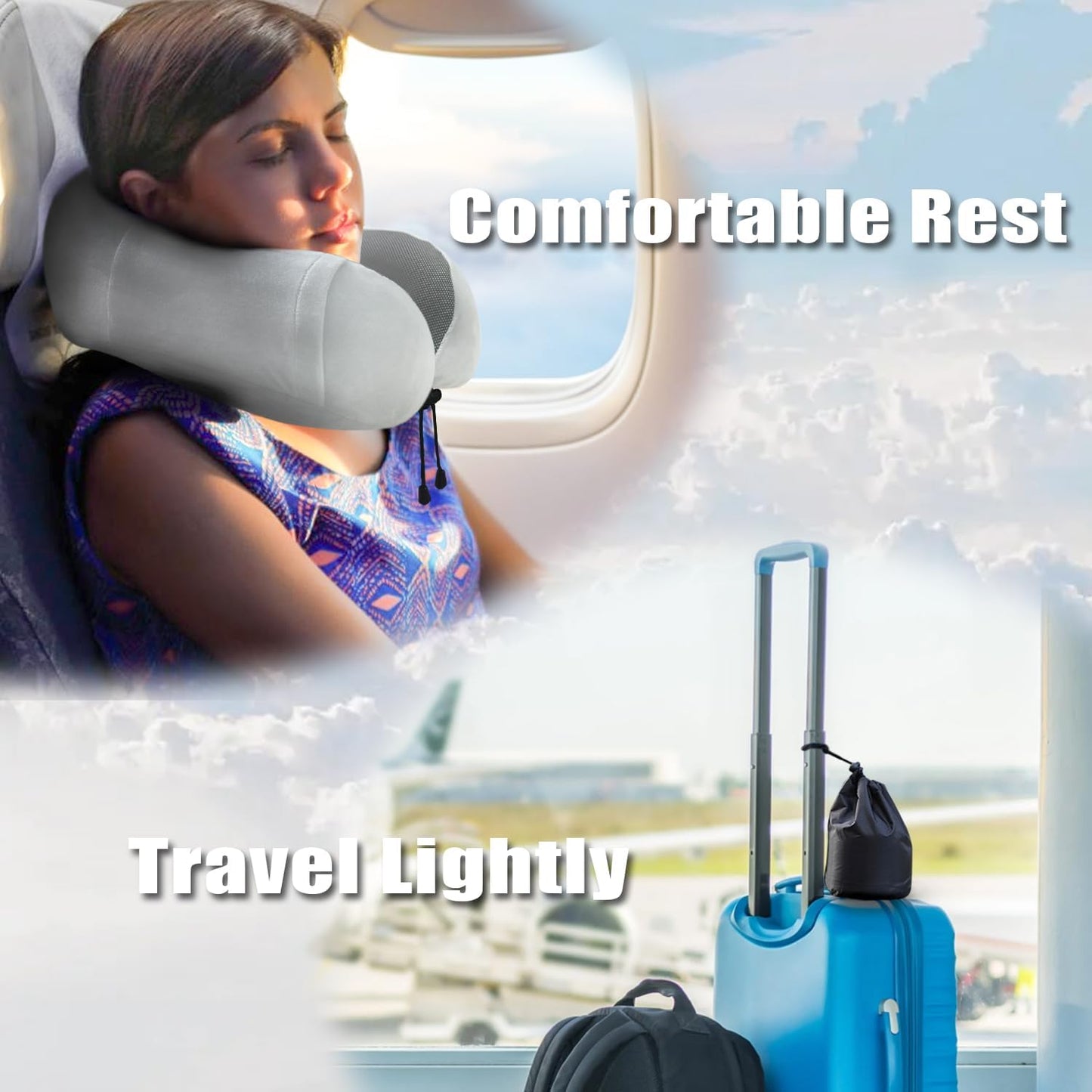 Travel Pillow, Memory Foam Neck Pillow for Traveling, U Shape Neck Pillow Airplane Portable Flight Pillow Travel Kit with 5D Contoured Eye Masks and Earplug for Plane Train Car Home Office