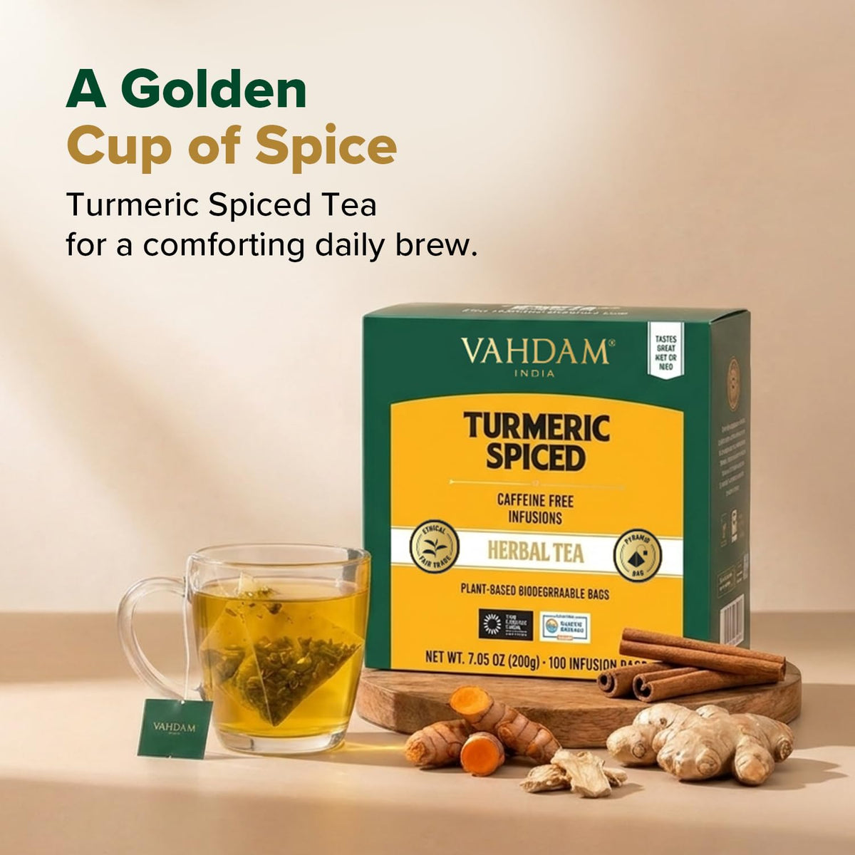 VAHDAM Turmeric Ginger Cinnamon Tea Bags with Black Pepper (100 Count)