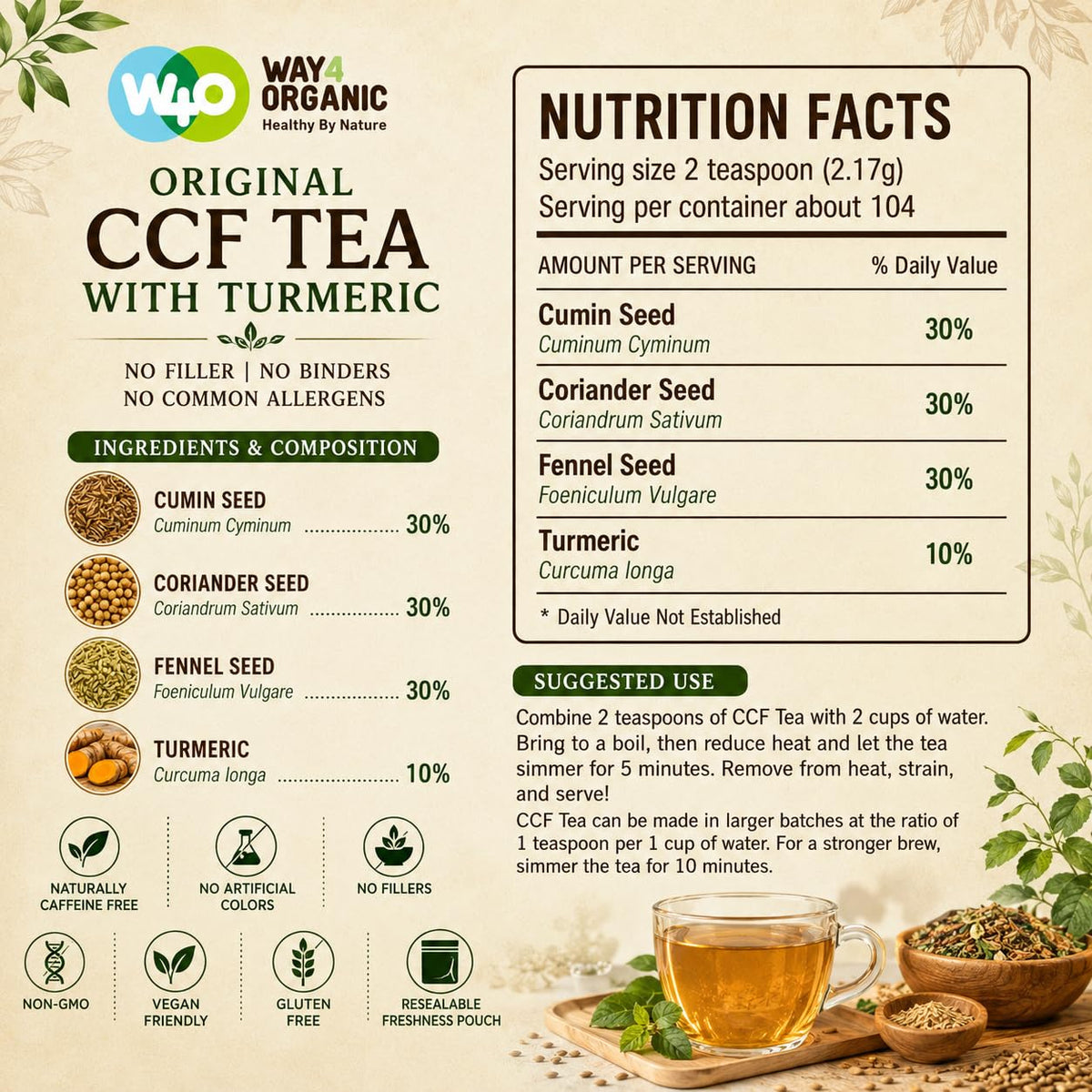 CCF Tea (Cumin, Coriander, Fennel) with Turmeric - Supports Natural Detoxification 8 Ounces (Pack of 1)