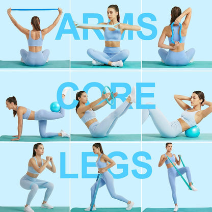 Home Pilates Ring and Ball Set for Women with 5 Resistance Bands 13 inch Magic Circle Workout Starter Kit for Beginners Full Body Toning 15 Min Daily Routine