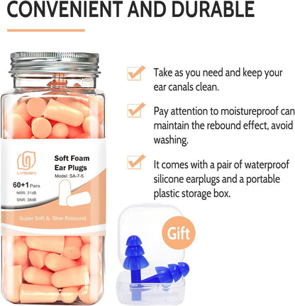LYSIAN Ultra Soft Foam Earplugs for Sleeping, 38dB SNR Noise Reduction Ear Plugs for Snoring, Shooting, Study, Work and Travel, 60 Pairs, Purple