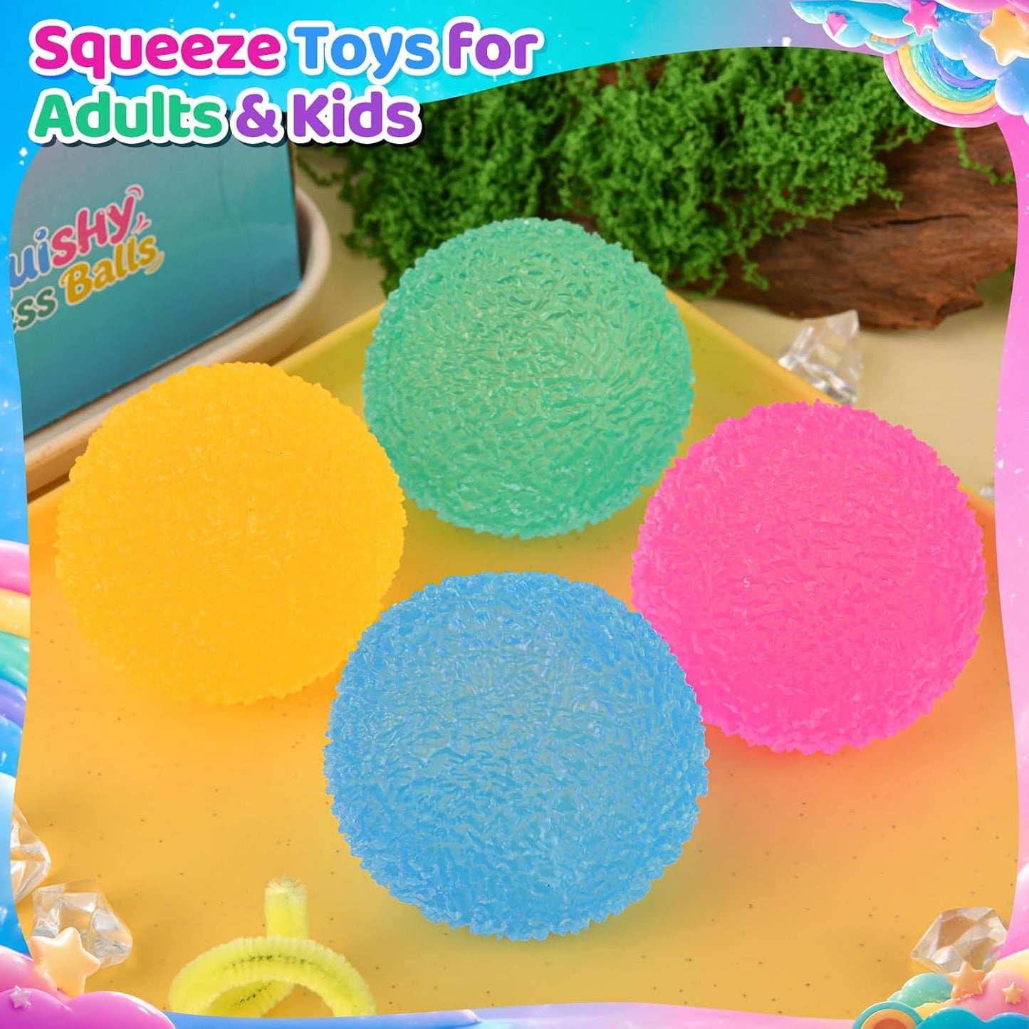 4 Packs Stress Balls for Kids Adult, Stretch and Squeeze Stress Balls for Anxiety Relief, Sensory Squishy Ball for Classroom Prizes Birthday Party Favor Gifts (Squeeze Ball)