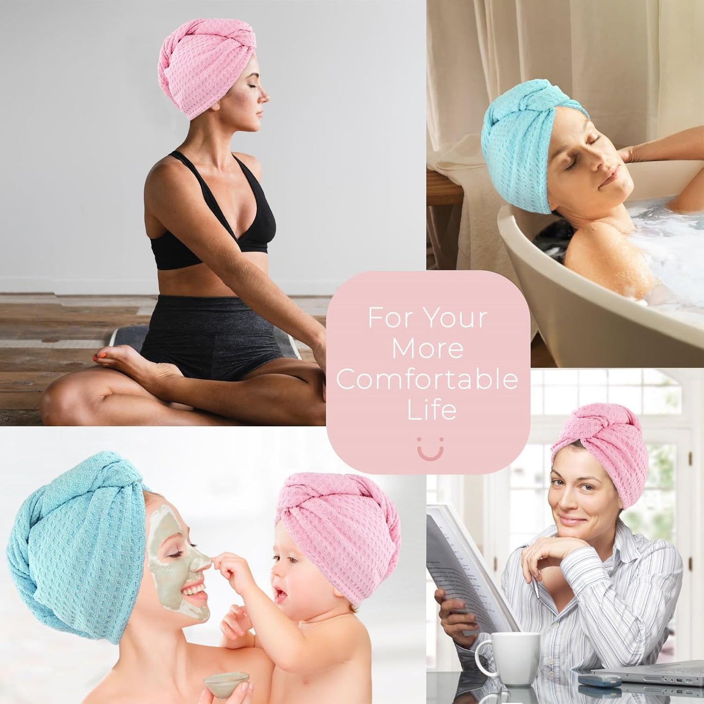 MaopaoBeauty Hair Towel Wrap for Women Long&Thick Hairs Head Wrap 1Pack Super Absorbent Hair Drying White Waffle Bath Towels for Curly Quick Dry Hair Drying Towels with Button
