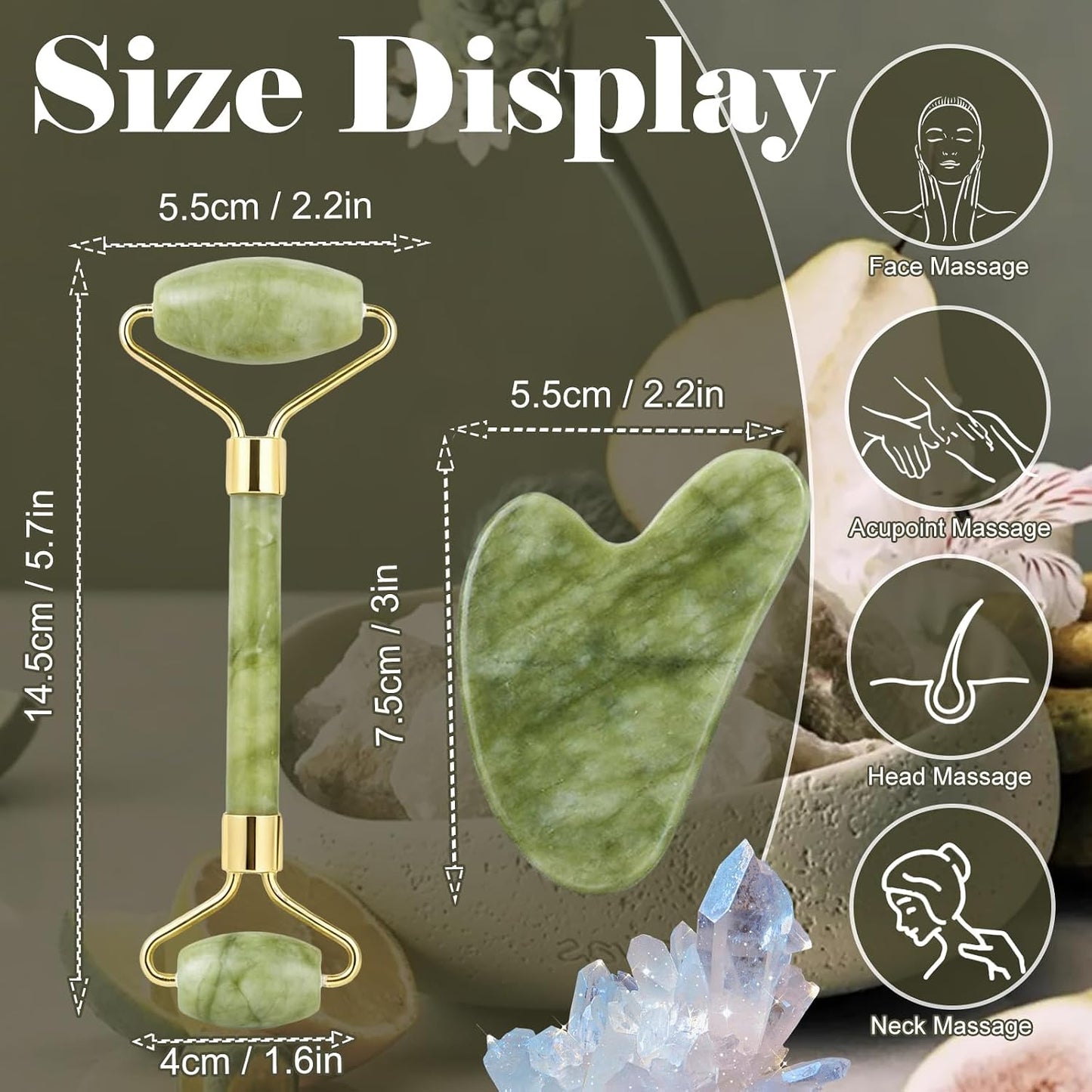 Jade roller and gua sha, facial roller, women's skincare tool, self-care gift, face, eye, neck massager, relieves fine lines and wrinkles, aventurine, opal, rose quartz