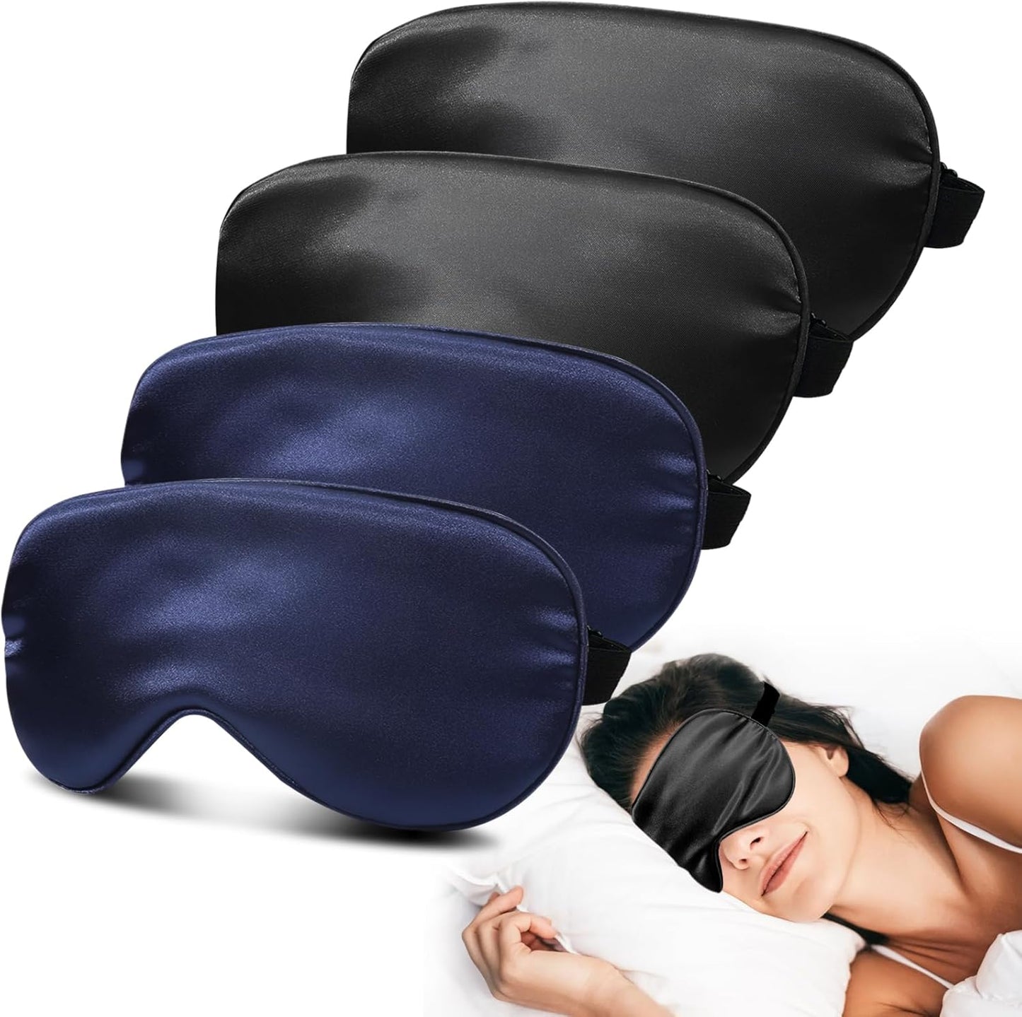 4 Pack Silk Sleep Mask - 100% Blackout, Zero Eye Pressure, Blindfold with Adjustable Strap, Super Soft Travel Eye Covers (Black, Pink, Blue, Purple)