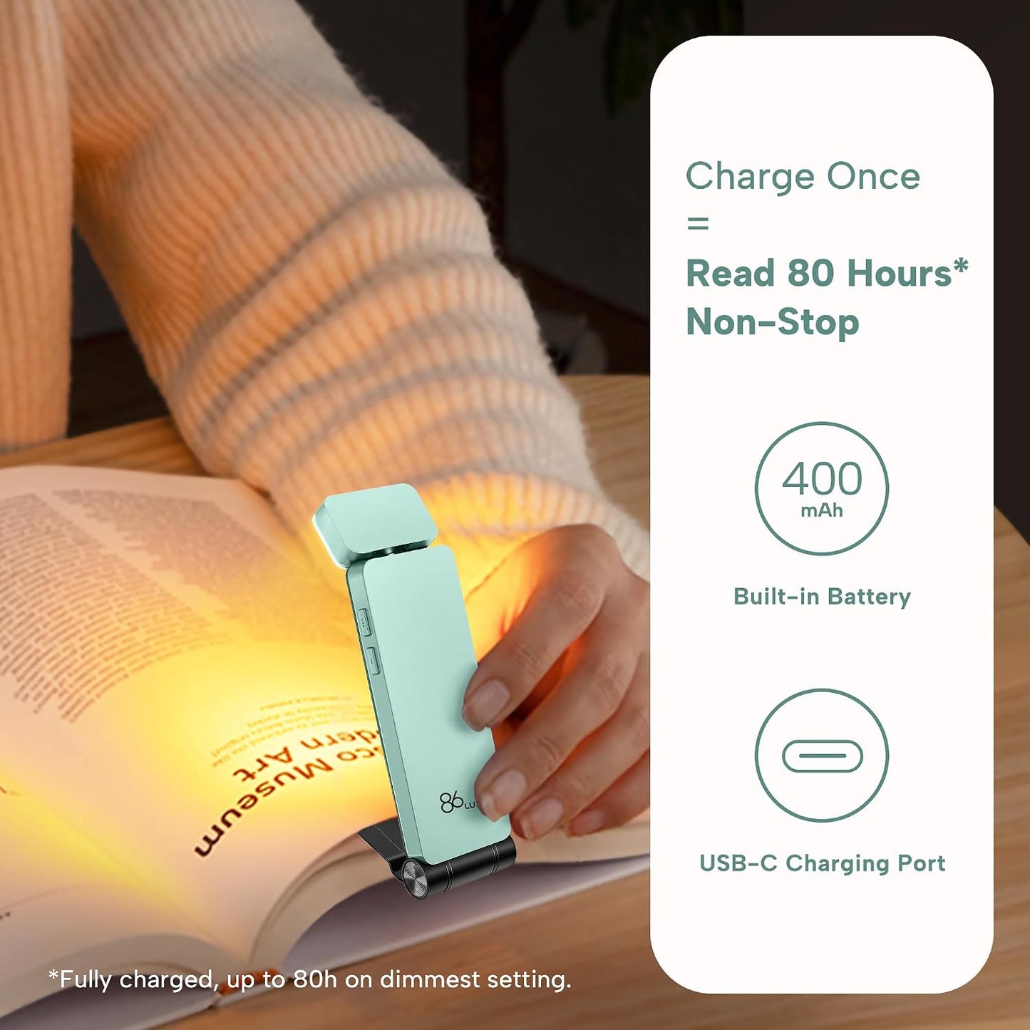 86lux Book Light, Rechargeable Reading Lights for Books in Bed, Ultralight Clip-on LED Bookmark Lamp with 3 Amber Colors & Stepless Dimming for Night Reading for Book Lovers, Papaya Orange