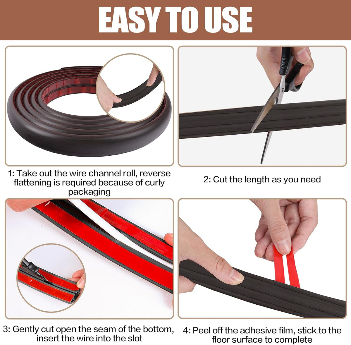 Floor Cord Cover Self Adhesive Cord Hider,10FT Cable Management, Extension Strip Protector for Wires, Prevent Cable Trips for Offices, Gyms, Exhibitions Cavity 0.39"(W) x 0.27"(H) BrownWood