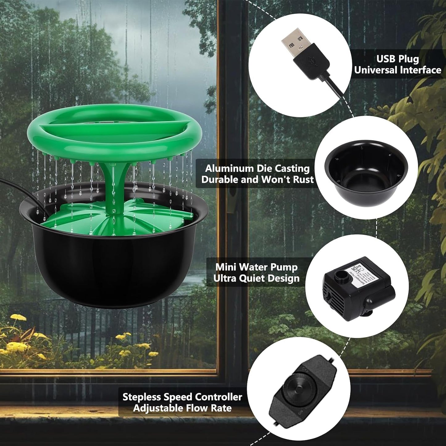 Tabletop Fountains Indoor, Great Gift for Christmas, Small Desk Waterfall Fountain for Living Room/Office Zen/Home Décor, Aluminum Die Casting Pot, Green