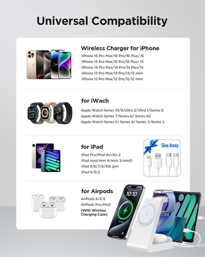 Charging Station for iPhone,5 in 1 Wireless Charger Stand Dock for Apple: Mag-Safe Charging Station for Multiple Devices Apple iPhone 17 16 15 14 13 12 Pro Max Plus Apple Watch iWatch Magnetic(White)