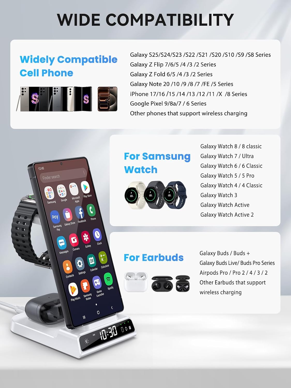 Wireless Charger for Samsung S25 with Clock 3 in 1 Android Charging Station