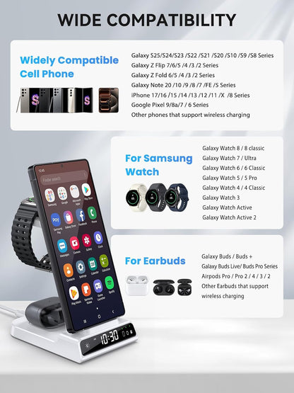 Wireless Charger for Samsung S25 with Clock 3 in 1 Android Charging Station