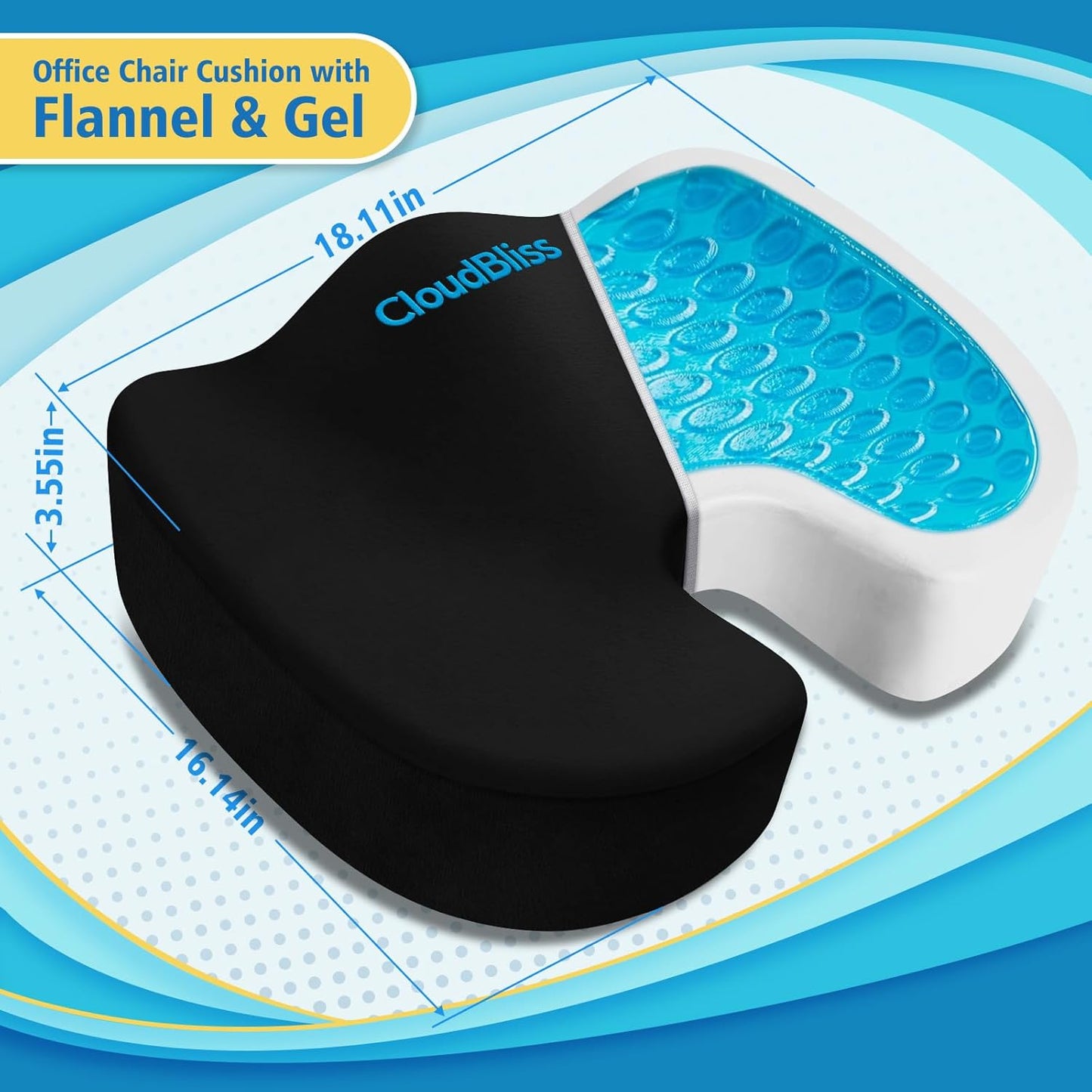 CloudBliss Gel Seat Cushion - Cooling Gel Enhanced Memory Foam Ergonomic Seat Cushion for Long Sitting for Office, Game, Car, Automotive, Airplane (Large, Black)