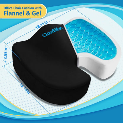 CloudBliss Gel Seat Cushion - Cooling Gel Enhanced Memory Foam Ergonomic Seat Cushion for Long Sitting for Office, Game, Car, Automotive, Airplane (Large, Black)