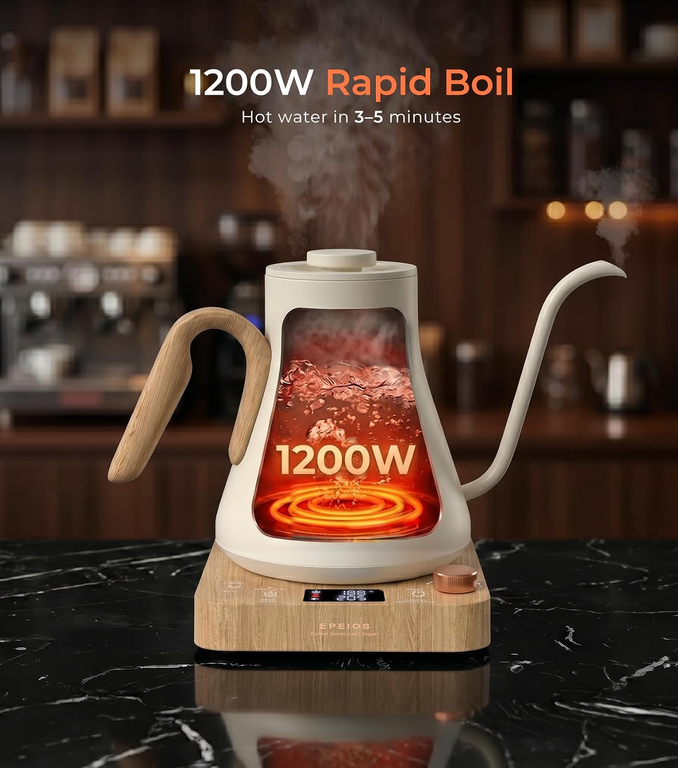 Epeios Electric Kettle, Gooseneck Electric Kettle with ±1°F Temperature Control, 1200W Rapid Heating for Pour Over Coffee & Tea, 304 Stainless Steel Interior, Auto Shut-Off, 0.9L, Black