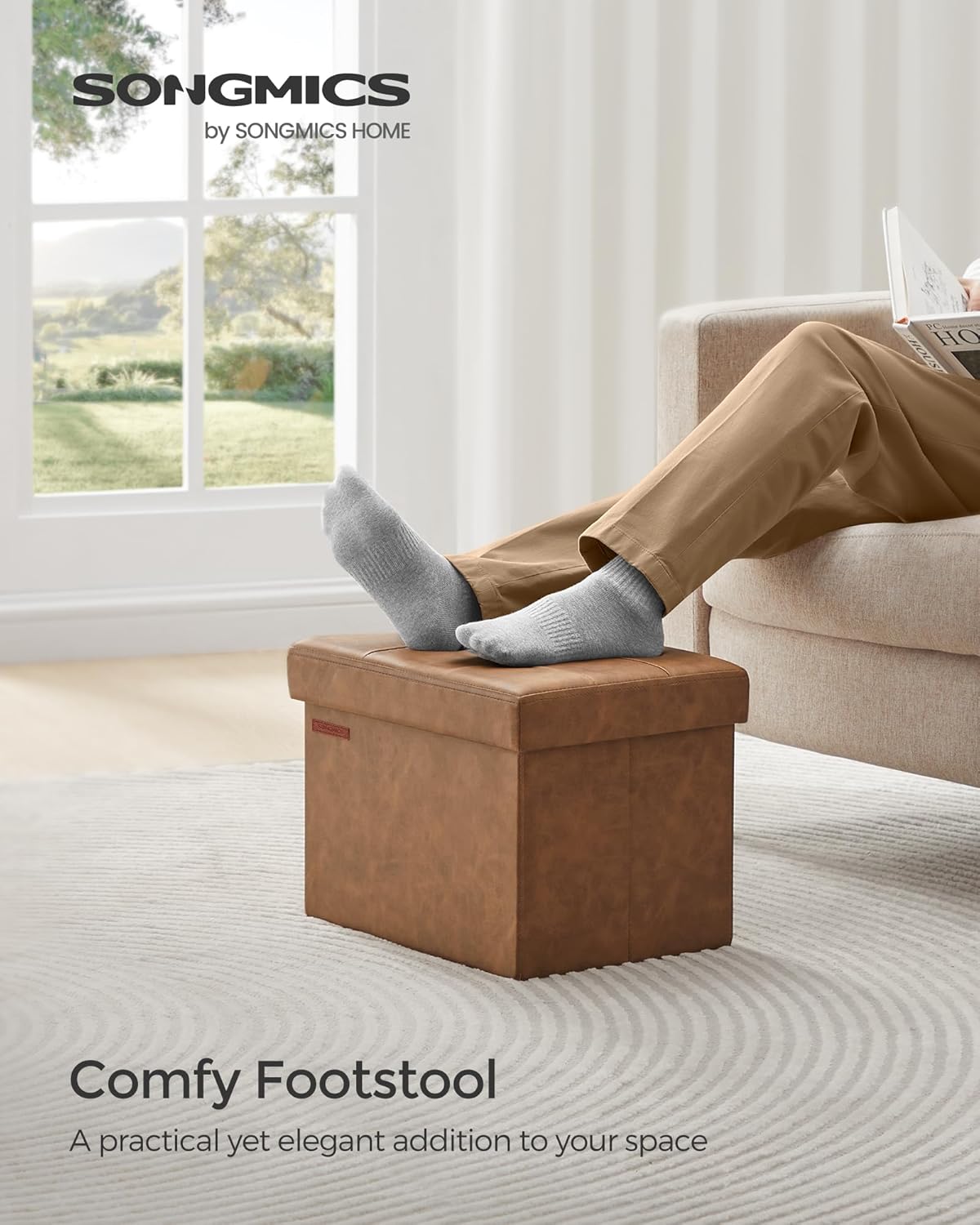 SONGMICS Small Folding Storage Ottoman, Foot Rest Stool, Cube Footrest, Synthetic Leather, 12.2 x 16.1 x 12.2 Inches, 286 lb Capacity, for Living Room, Bedroom, Dorm, Ink Black ULSF100B01