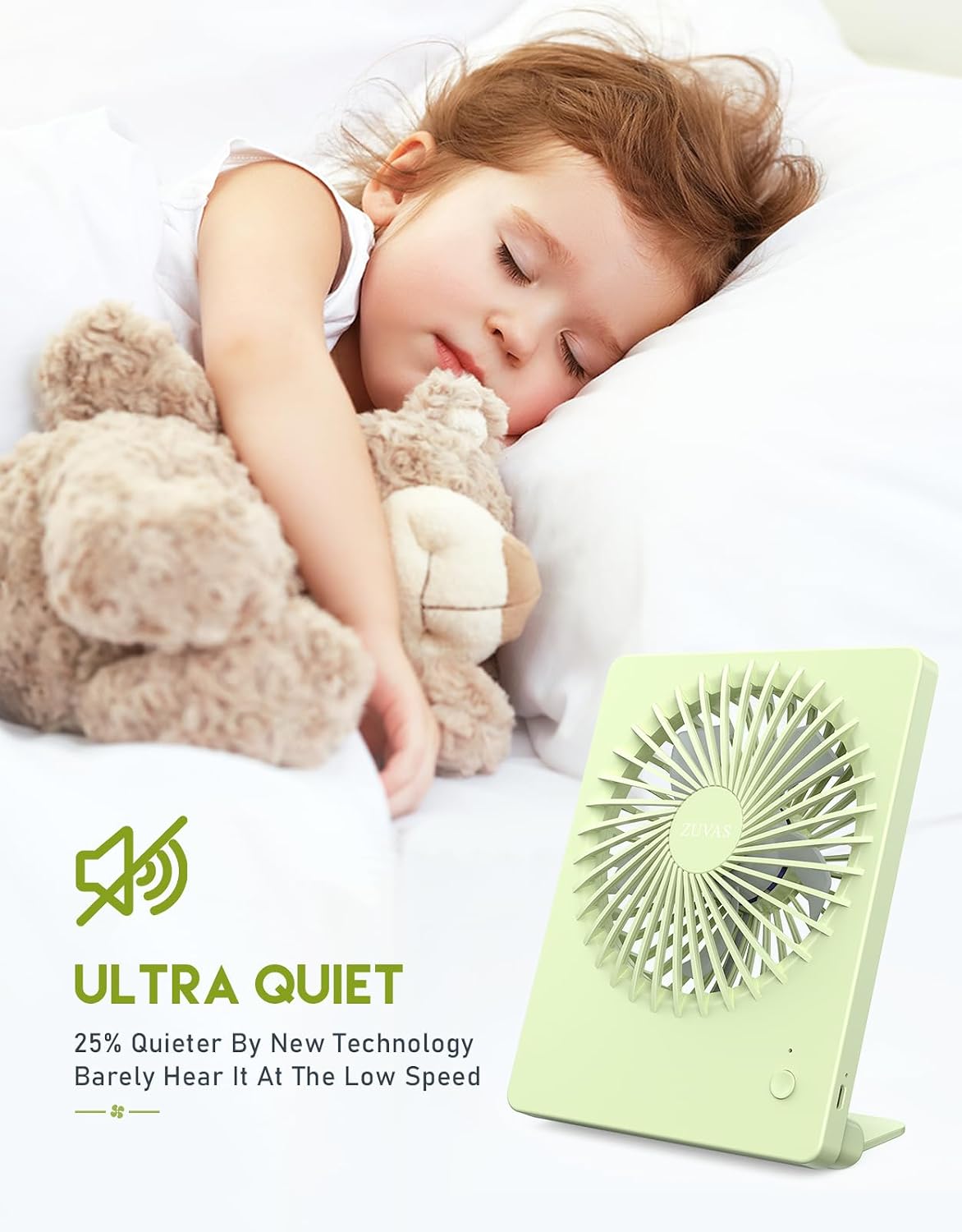 Zuvas Desk Fan Battery Operated Fan Rechargeable 180°Tilt Folding Personal Fan Ultra Quiet Small Portable 3 Speed Adjustable Strong Wind Fan For Office Bedroom Home Desktop Camping (White)