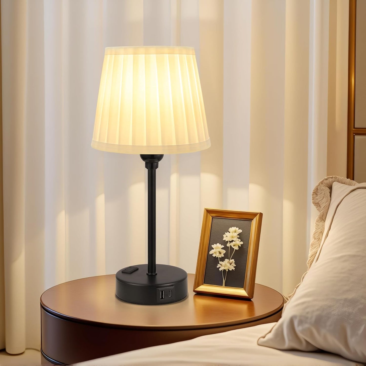 Mini Bedside Lamps for Bedrooms Set of 2 - Nightstand Bedroom Lamps with USB C Port and AC Outlet Charging, Dimmable Touch Small Bed Side Table Lamp, Black Night Stand Light for Kids/Guest Room