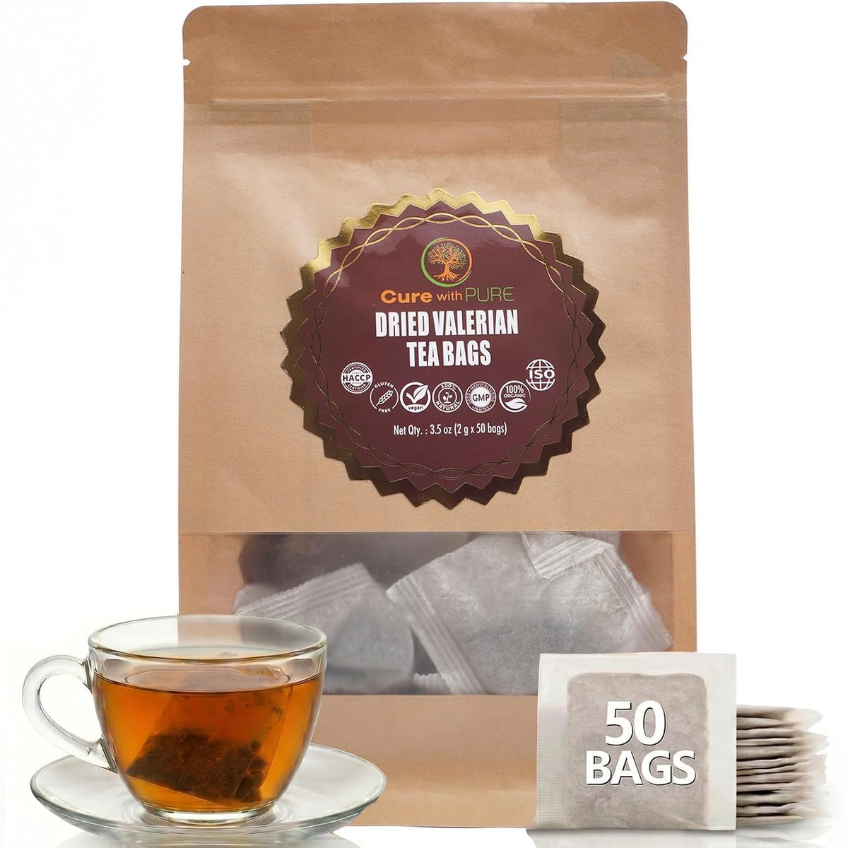 Cure Wid Pure Organic Valerian Root Tea Bags for Sleep Bleach-Free 50 Bags