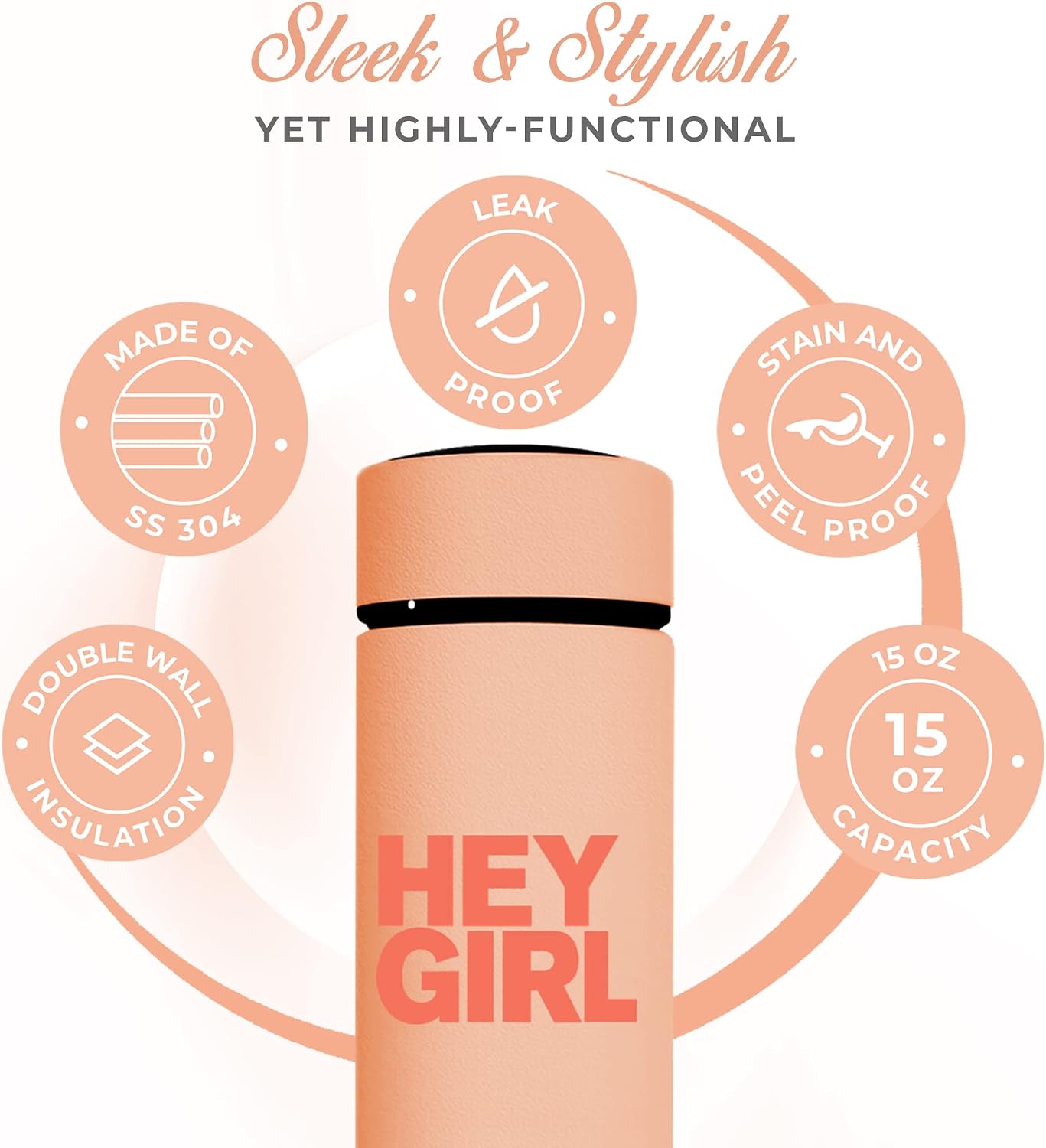 Hey Girl Tea Infuser Bottle 450ml - Insulated Stainless Steel Water Bottle - Tea Tumbler with Tea Diffuser - Portable Travel Mug for Loose Leaf Tea & Infused Water - Tea Lovers Gifts for Women (Pink)