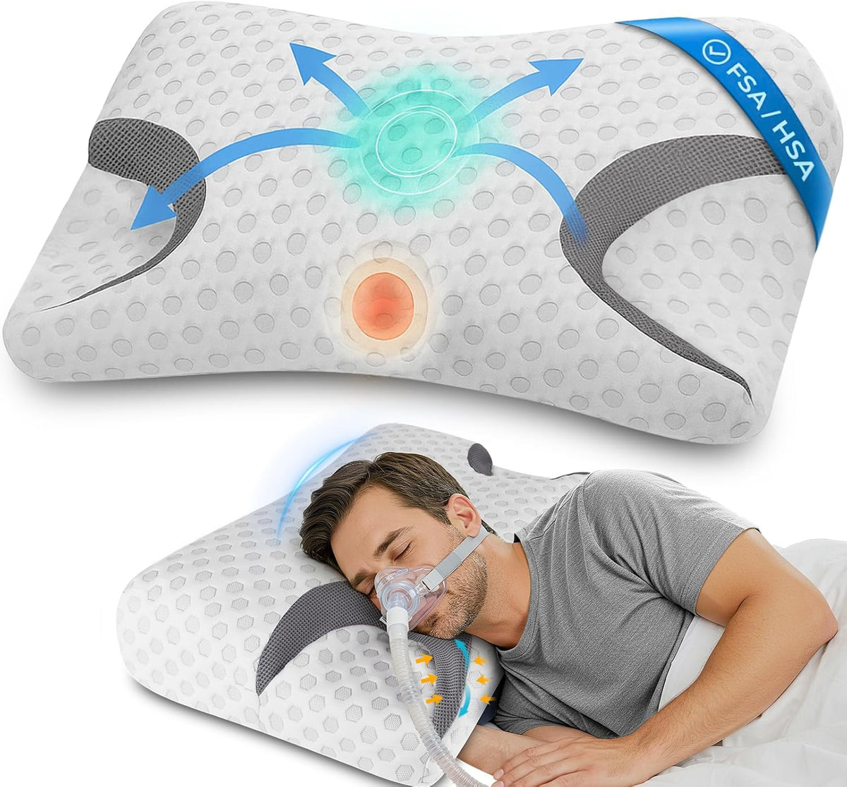 IKSTAR HSA/FSA Cooling CPAP Pillow for Side Sleepers - Sleep Apnea Pillow for CPAP User - Reduce Air Leak/Hose Tangle/Mask Pressure - Memory Foam Neck Support Nasal Pillows Side/Back/Stomach Sleeper