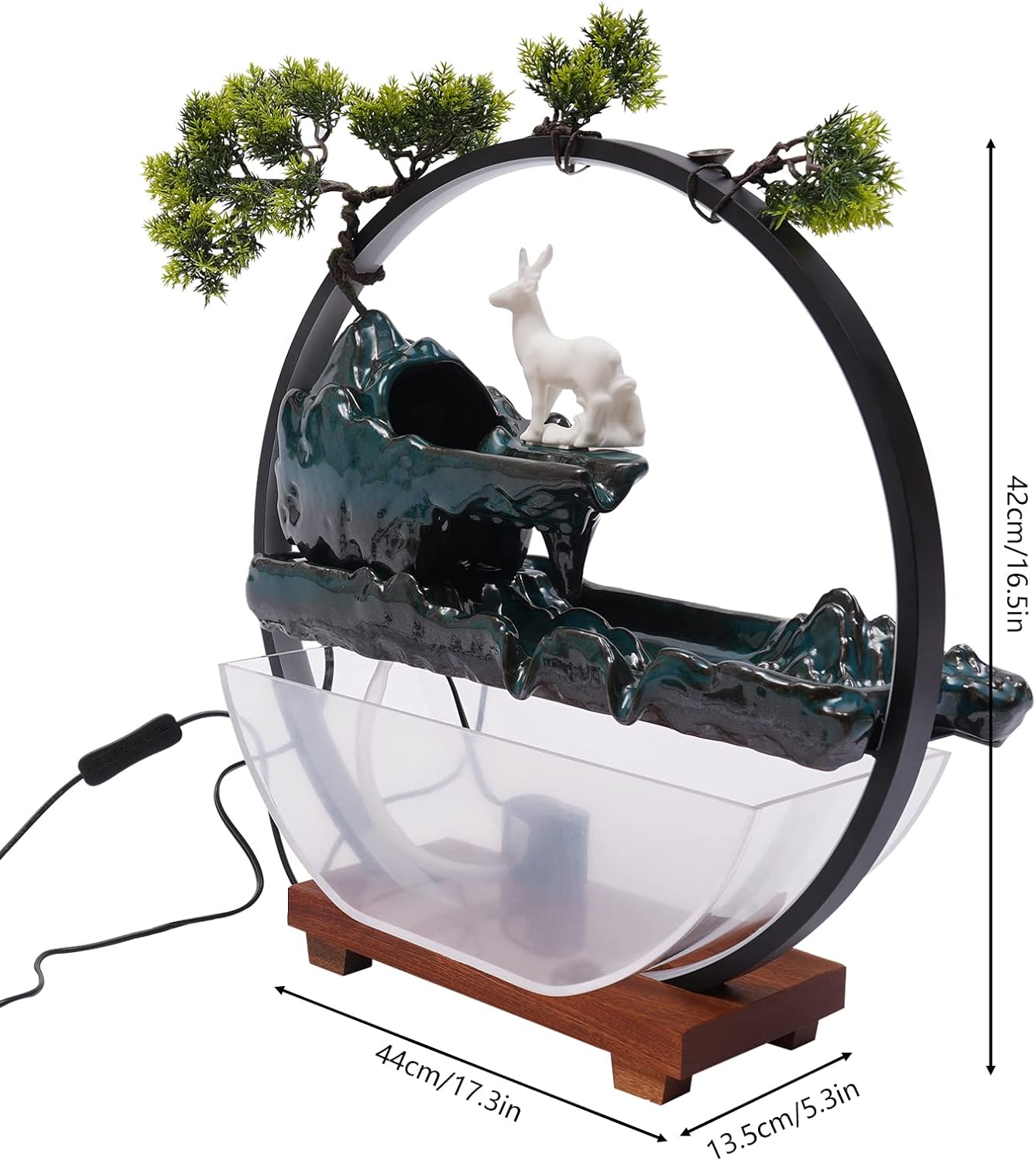 Mini Artificial Bonsai Tree Waterfall Fog Feature Rock Tabletop Fountain | 11in Desktop Decor Waterfall Fountain W/ Water Pump& Atomizer&LED Lights &Fake Tree Office Bedroom Relax
