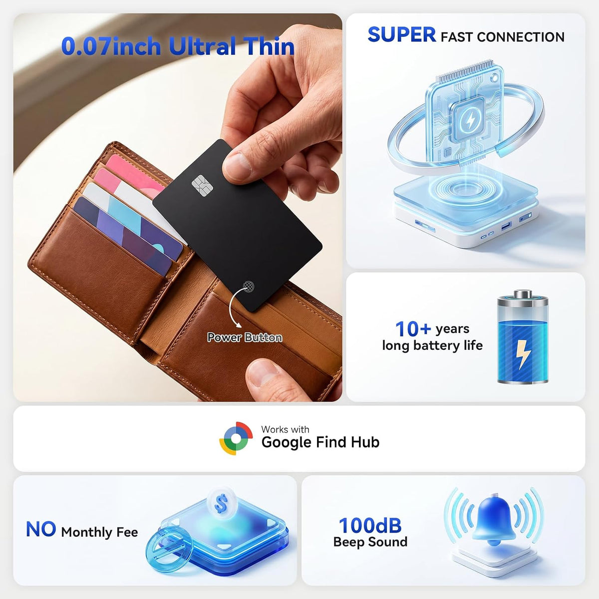 eirix 2 Pack Wallet Tracker Card (iOS and Android) Ultra Slim 0.07in IP68 Waterproof Rechargeable Work with Apple Find My & Google Find Hub, Item Locator for Card Holder,Passports,Money Clips