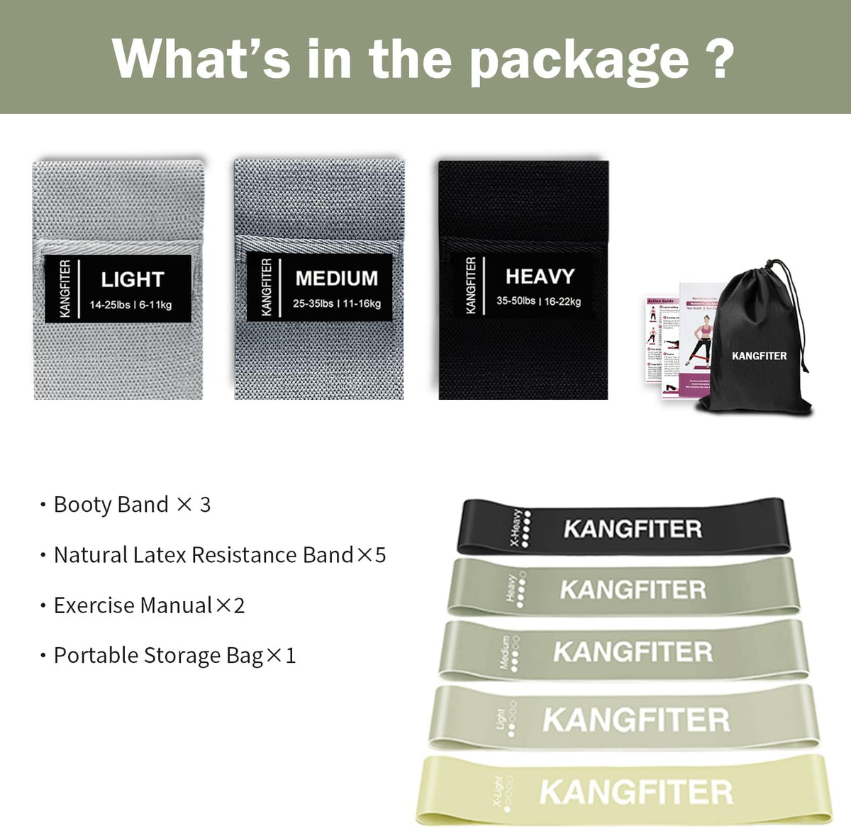 KANGFITER Non-Slip Fabric Resistance Bands for Working Out 3 Levels